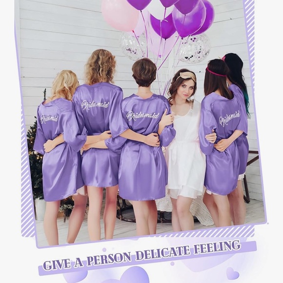 3 Bridesmaids Purple Robes Rhinestone Writing On The Back - Picture 2 of 4